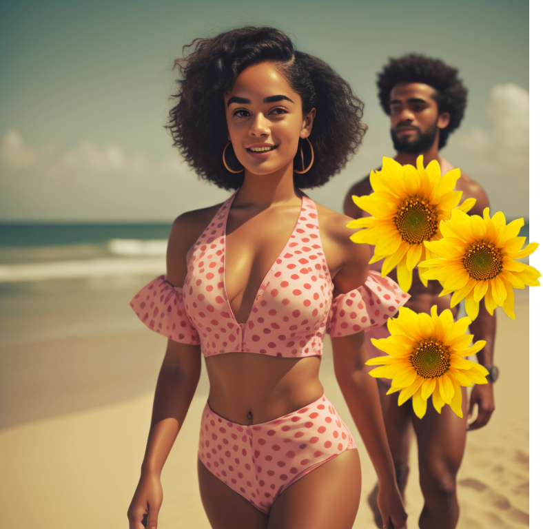 Feminine and beautiful mixed-race women in full bathing suit smiling on the beach Mix_be13