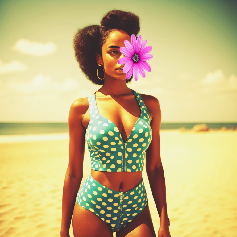 Feminine and beautiful mixed-race women in full bathing suit smiling on the beach Mix_j_10