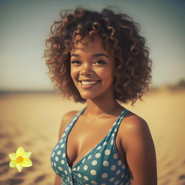 Feminine and beautiful mixed-race women in full bathing suit smiling on the beach Mixed113