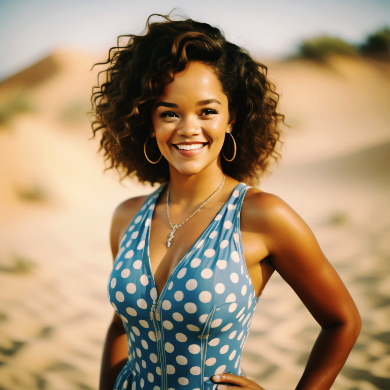 Feminine and beautiful mixed-race women in full bathing suit smiling on the beach Mixed116
