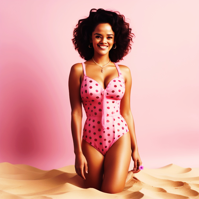 Feminine and beautiful mixed-race women in full bathing suit smiling on the beach Mixed117