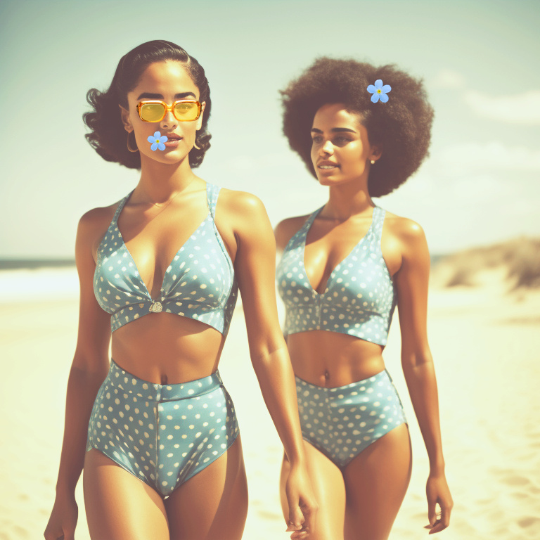 Feminine and beautiful mixed-race women in full bathing suit smiling on the beach Mixed125