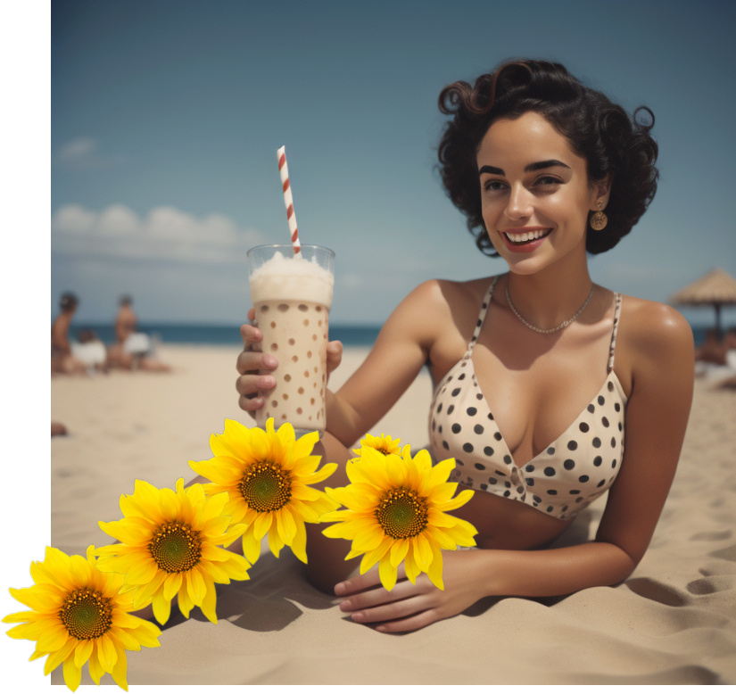 Feminine and beautiful mixed-race women in full bathing suit smiling on the beach Mixed129