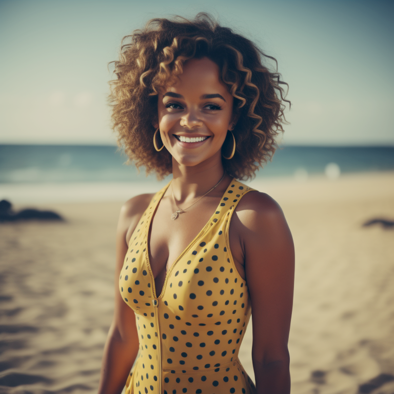 Feminine and beautiful mixed-race women in full bathing suit smiling on the beach Mixed138