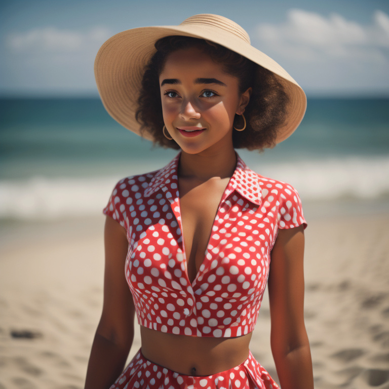 Feminine and beautiful mixed-race women in full bathing suit smiling on the beach Mixed_18