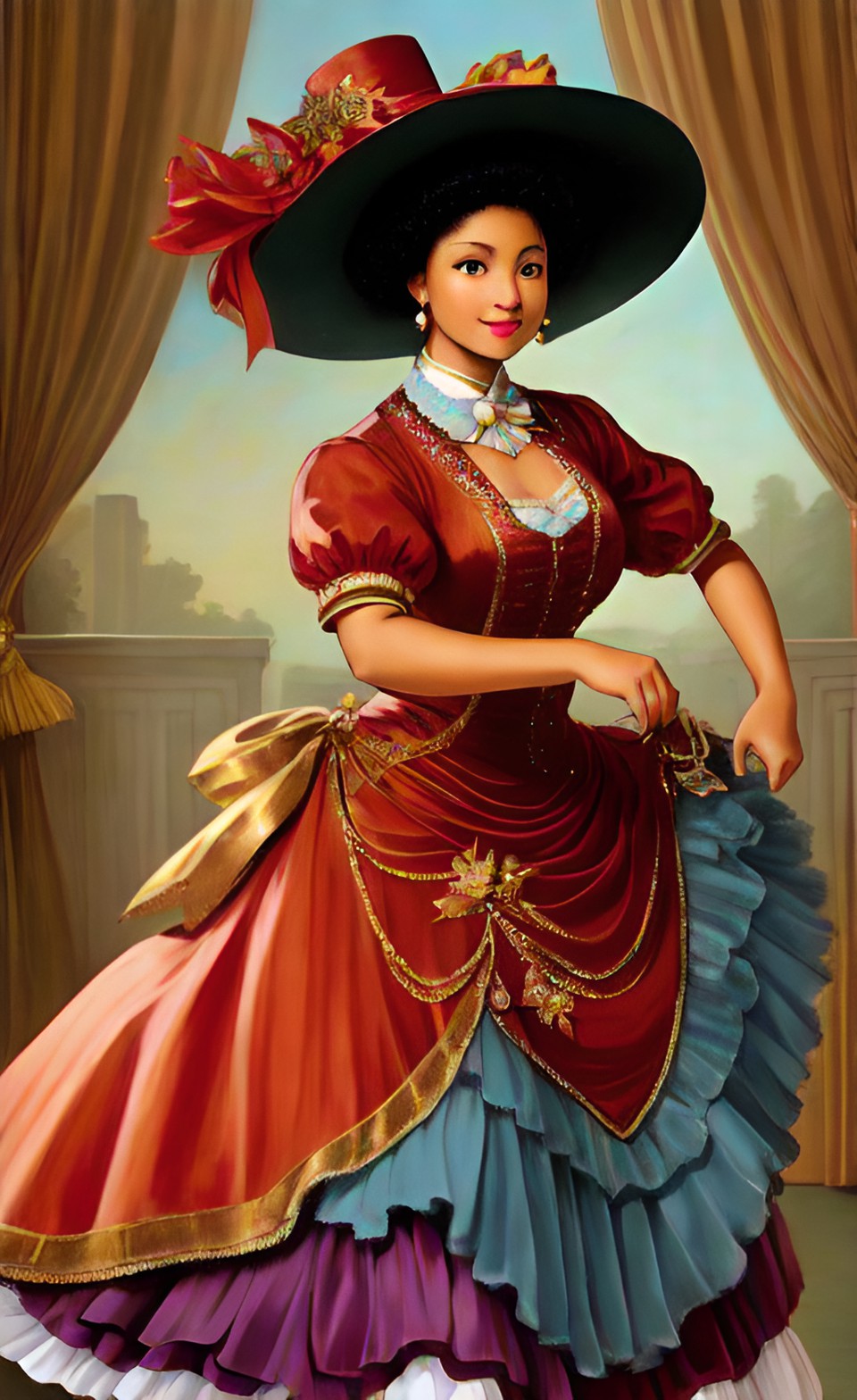 Mixed-race women in fine Shakespearean era party dresses Mixra222