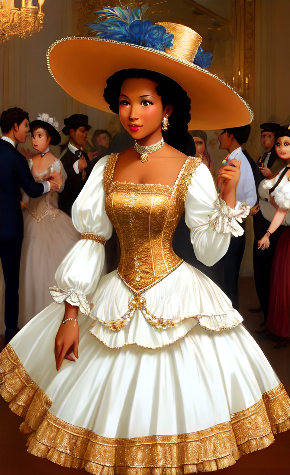 Mixed-race women in fine Shakespearean era party dresses Mixra223