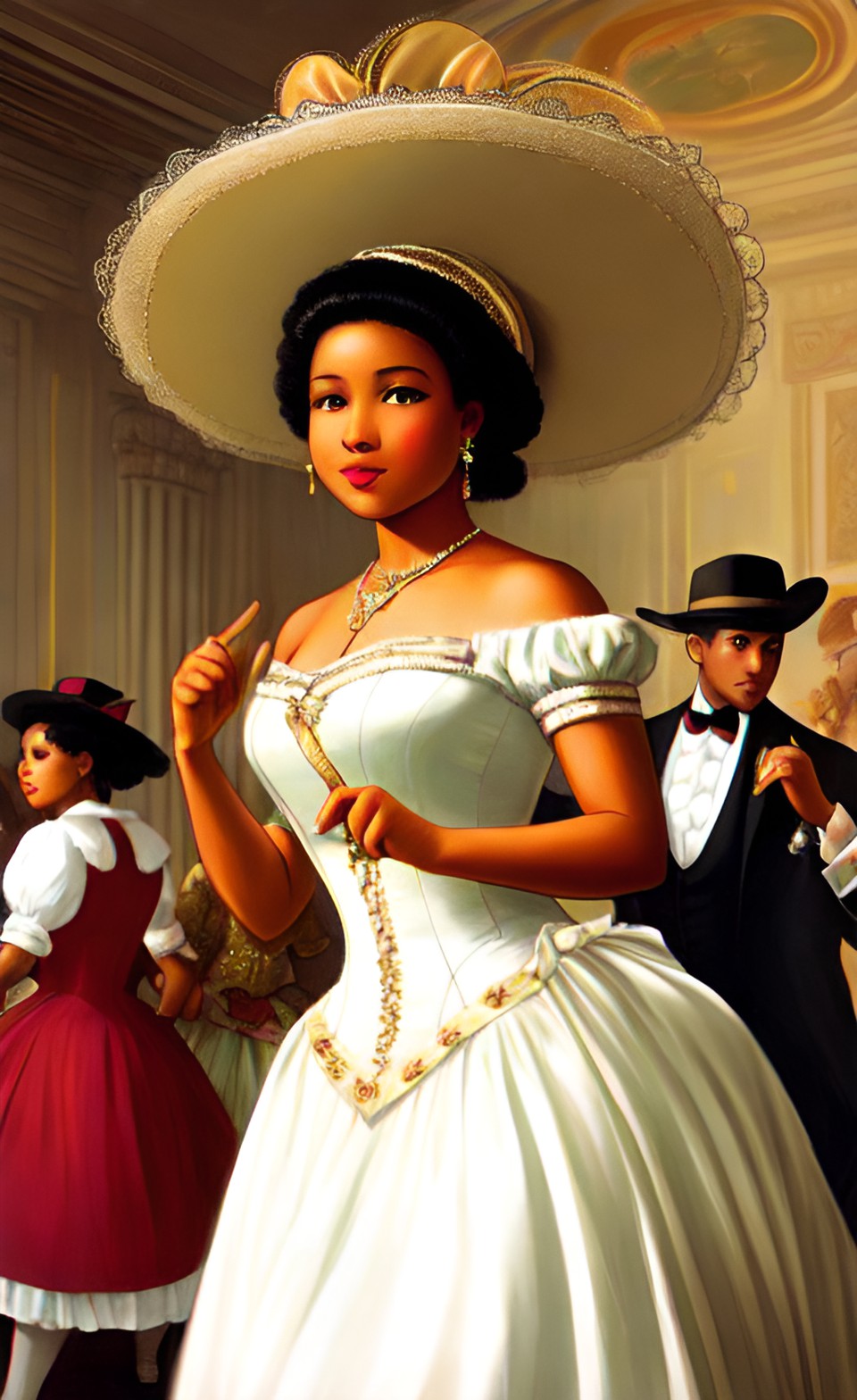 Mixed-race women in fine Shakespearean era party dresses Mixra224