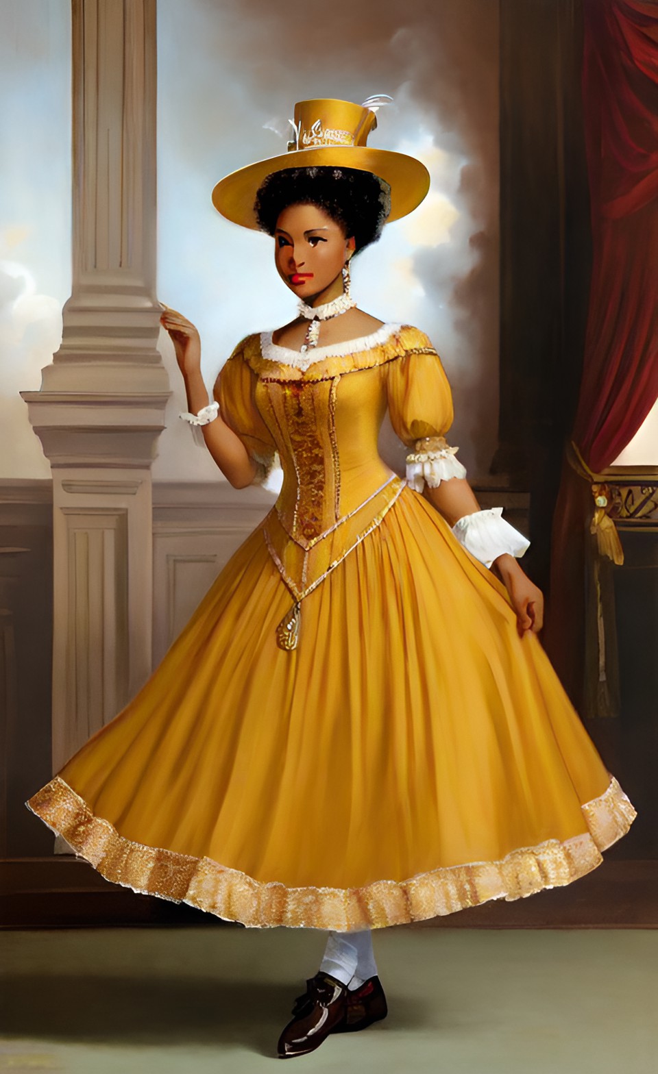 Mixed-race women in fine Shakespearean era party dresses Mixra226