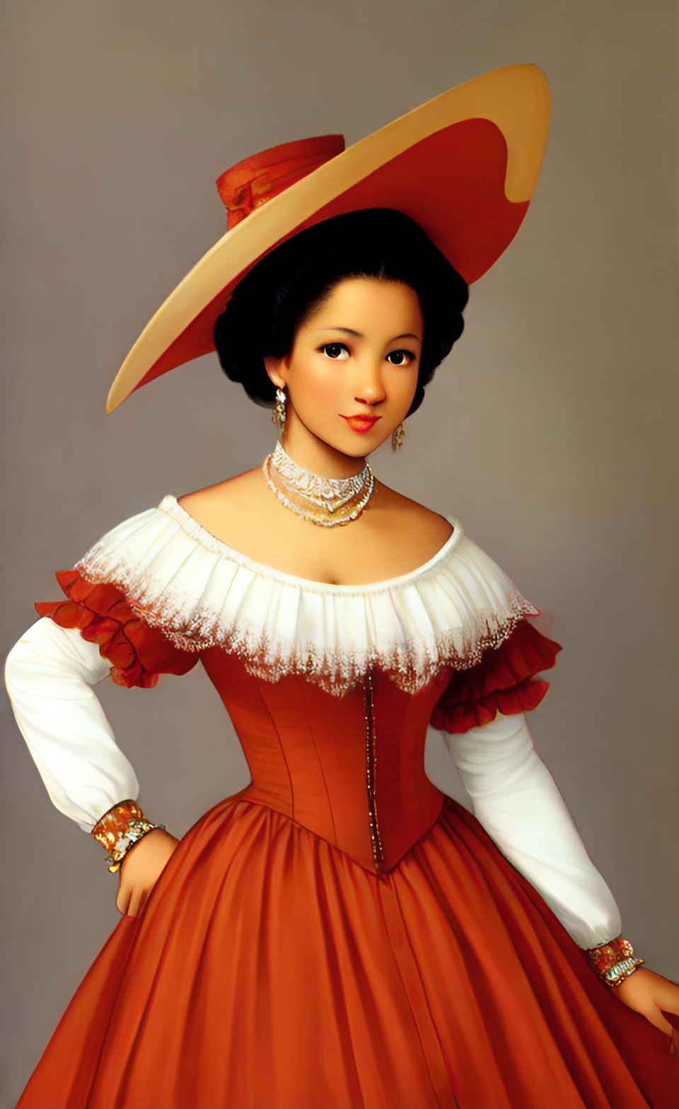 Mixed-race women in fine Shakespearean era party dresses Mixra228