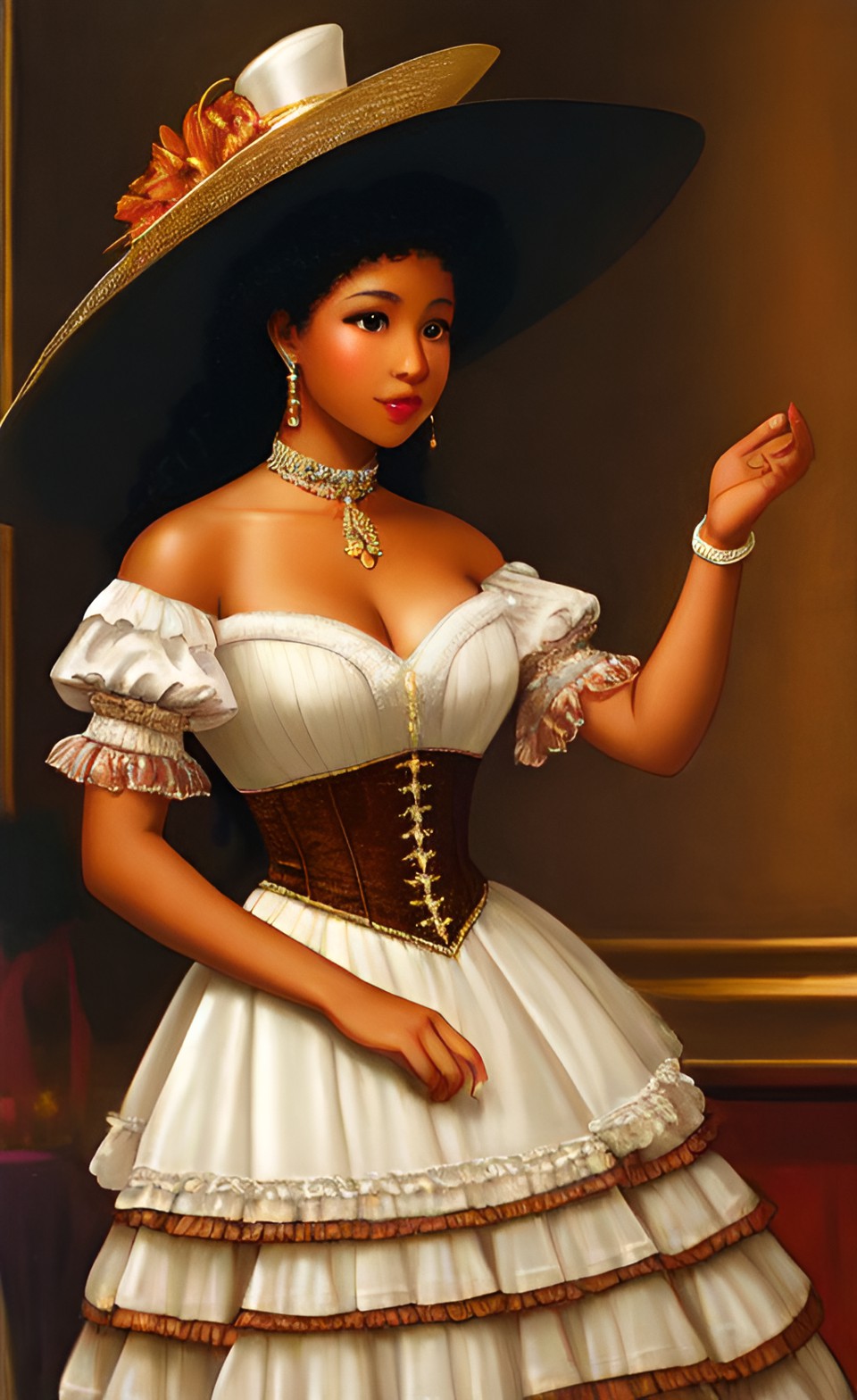 Mixed-race women in fine Shakespearean era party dresses Mixra229