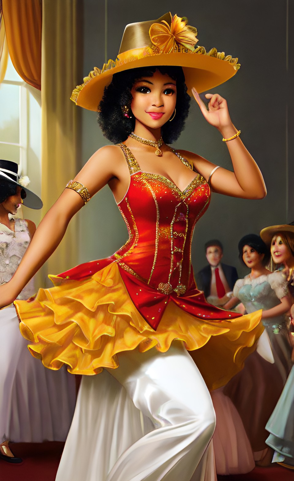 Mixed-race women in fine Shakespearean era party dresses Mixra237