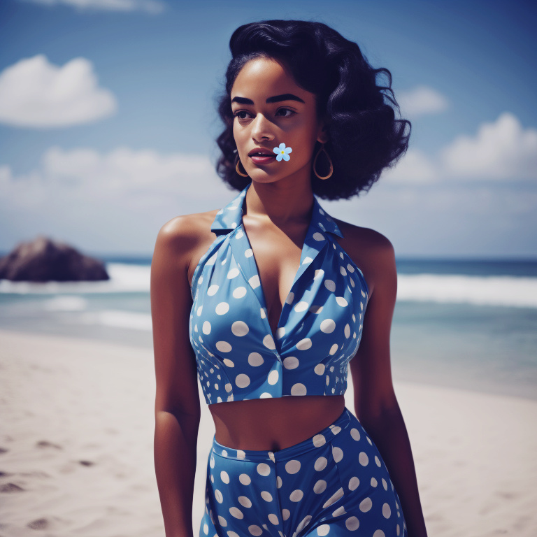 Feminine and beautiful mixed-race women in full bathing suit smiling on the beach Pretty43