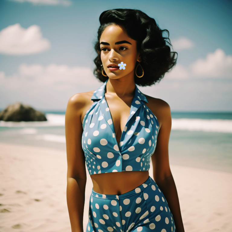 Feminine and beautiful mixed-race women in full bathing suit smiling on the beach Pretty44