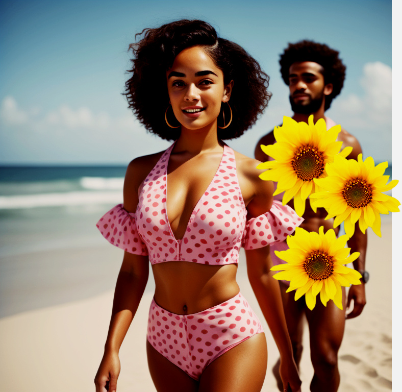 Feminine and beautiful mixed-race women in full bathing suit smiling on the beach Pretty49