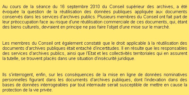 Résolution du Conseil supérieur des archives sur la réutilisation.  2010-110