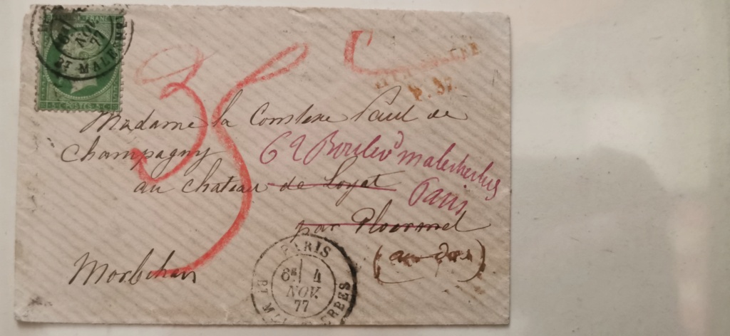 5cts non lauré sur lettre de Paris 04/11/1877, taxée à 35 cts puis retour à l'expéditeur, (nombreux cachets)  Img_2084