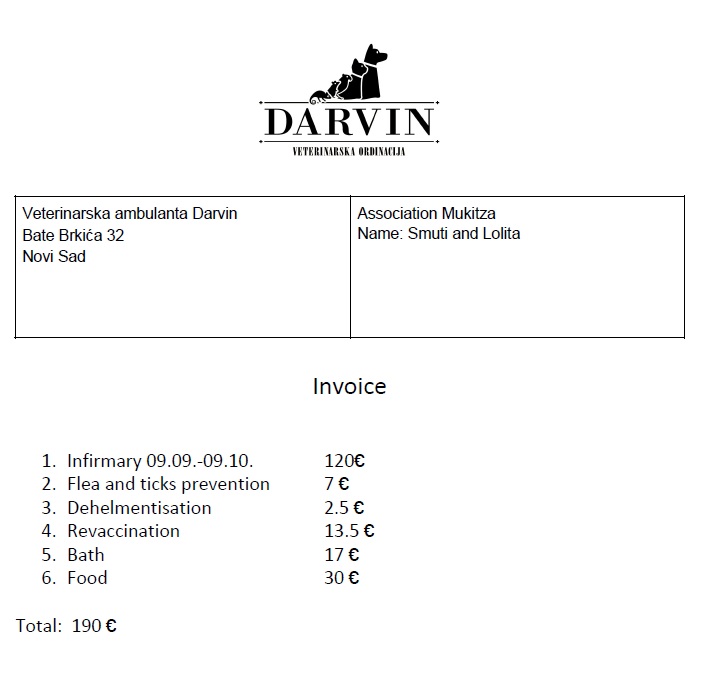 <FACTURE> DARVIN - Soins de Smoothie et Lolita (Serbie) - 190 € / 190 € - Facture réglée, merci ! Darvin13