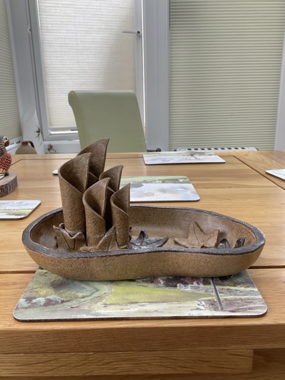 Studio pottery sculptural flower stem water bowl with impressed leaf mark Img_8910