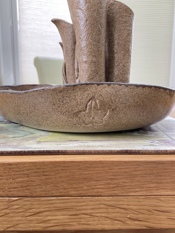 Studio pottery sculptural flower stem water bowl with impressed leaf mark Img_8911