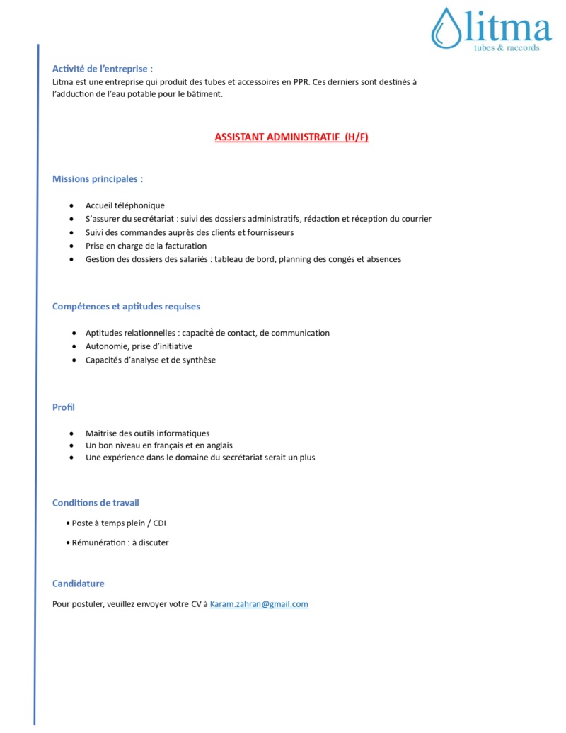 Offre d'emploi : RESPONSABLE COMPTABLE & CONTRÔLE DE GESTION - ASSISTANT ADMINISTRATIF  Offre_10