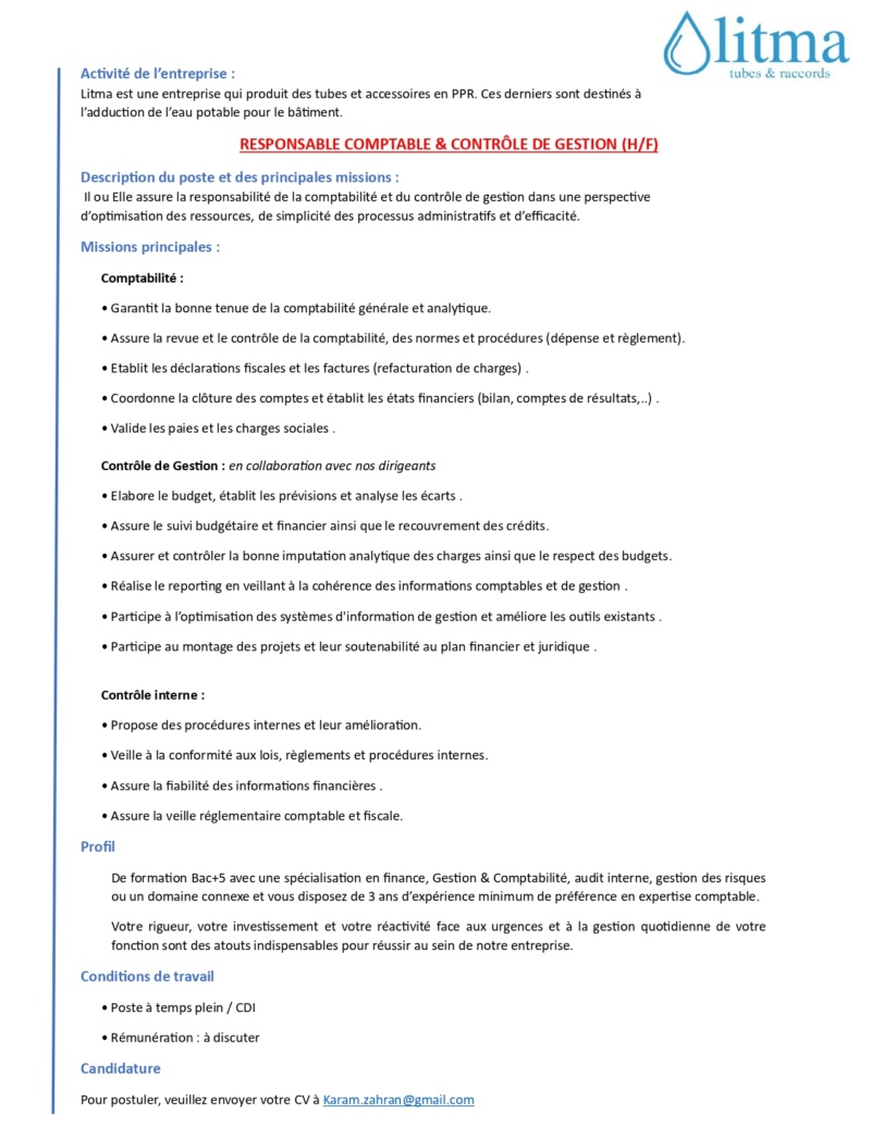 Offre d'emploi : RESPONSABLE COMPTABLE & CONTRÔLE DE GESTION - ASSISTANT ADMINISTRATIF  Offre_11