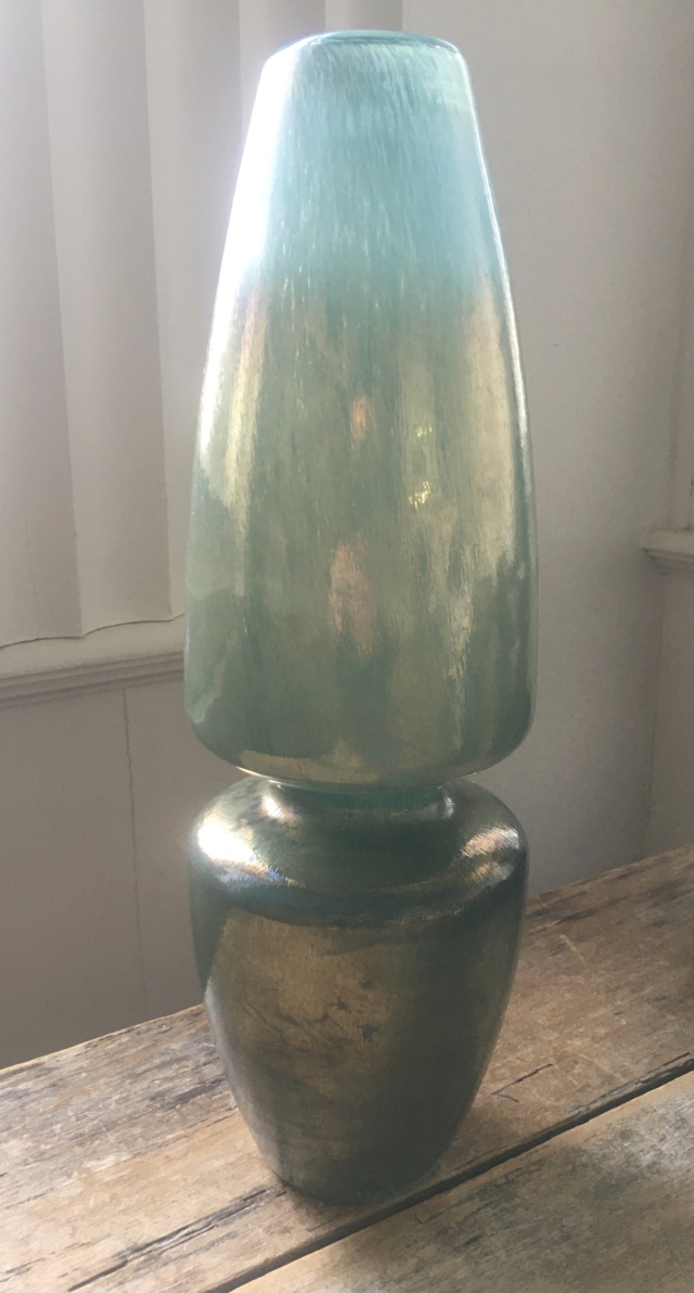 Verdigris lustred handblown vase. Modernist form. No sig. Would like to ID 04540710