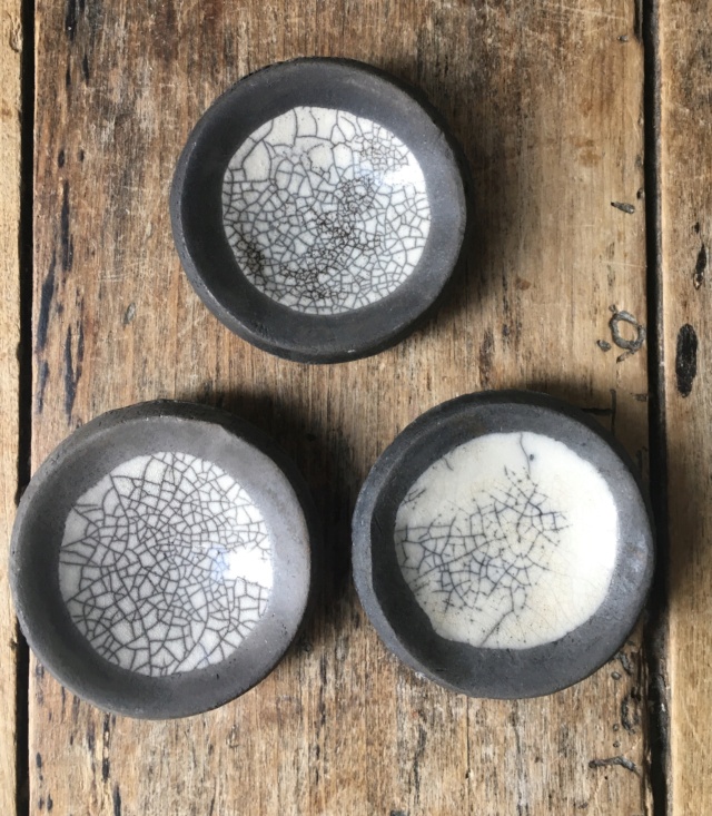 Group of three small cracked white raku bowls - Incised MF mark?  Img_2428