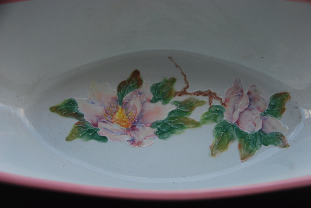 Hand painted elongated dish with tube lined decoration, Signed R Dsc_0112