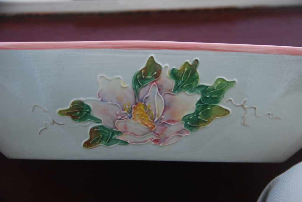 Hand painted elongated dish with tube lined decoration, Signed R Dsc_0113