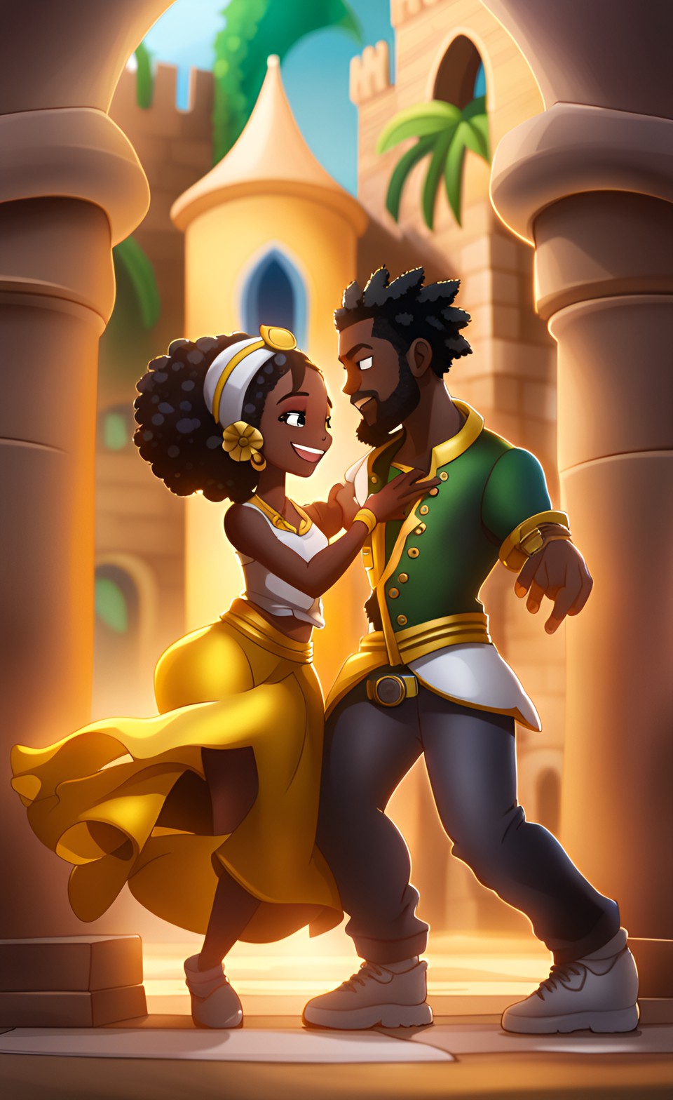 Jamaican anime couple dancing in a castle Jamai112