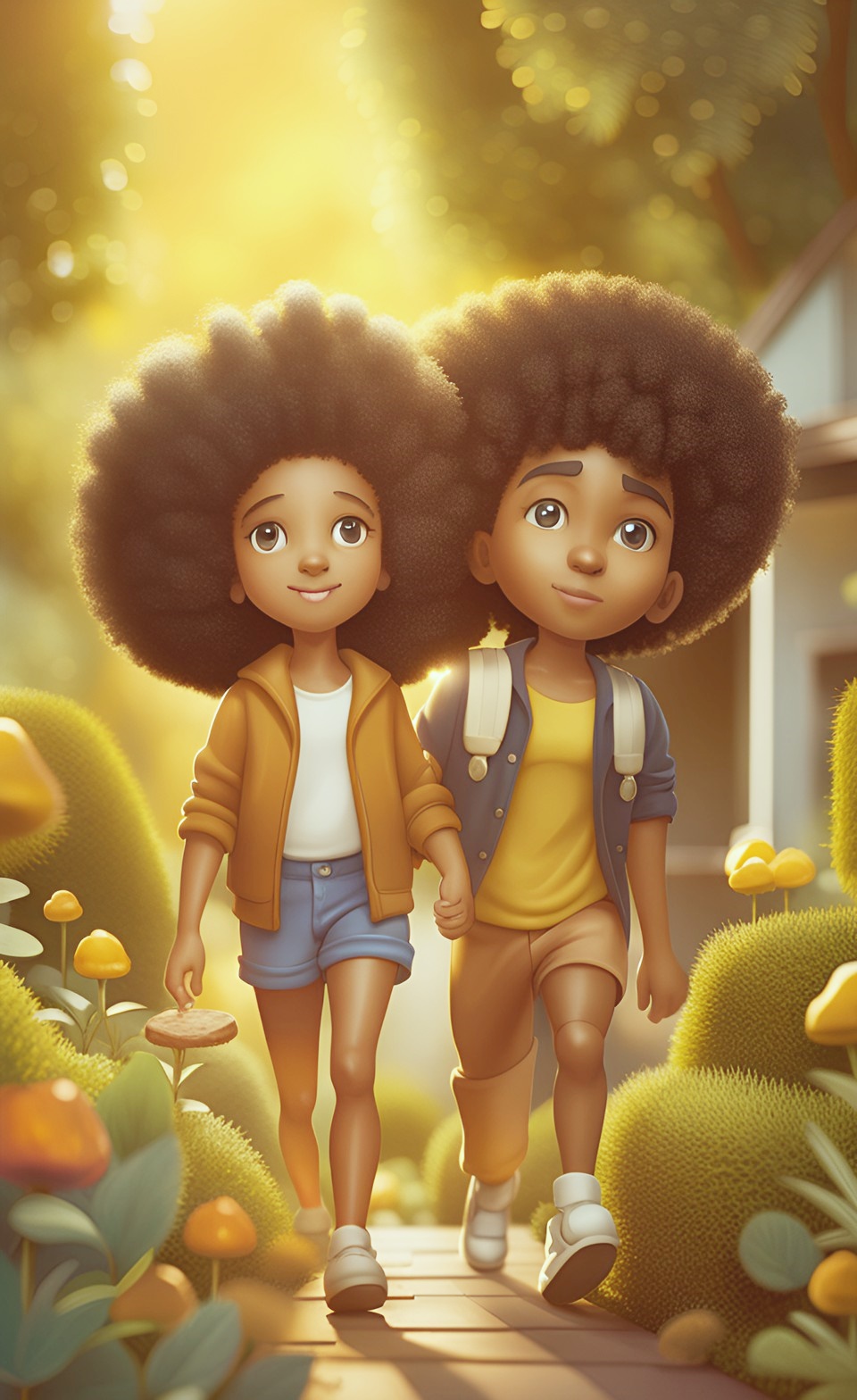 Two brown Jamaican kids walking through a park Jamai265