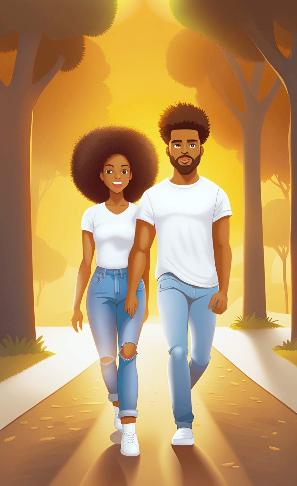 Young Jamaican brown afro hair couple walking through a park Jamai266