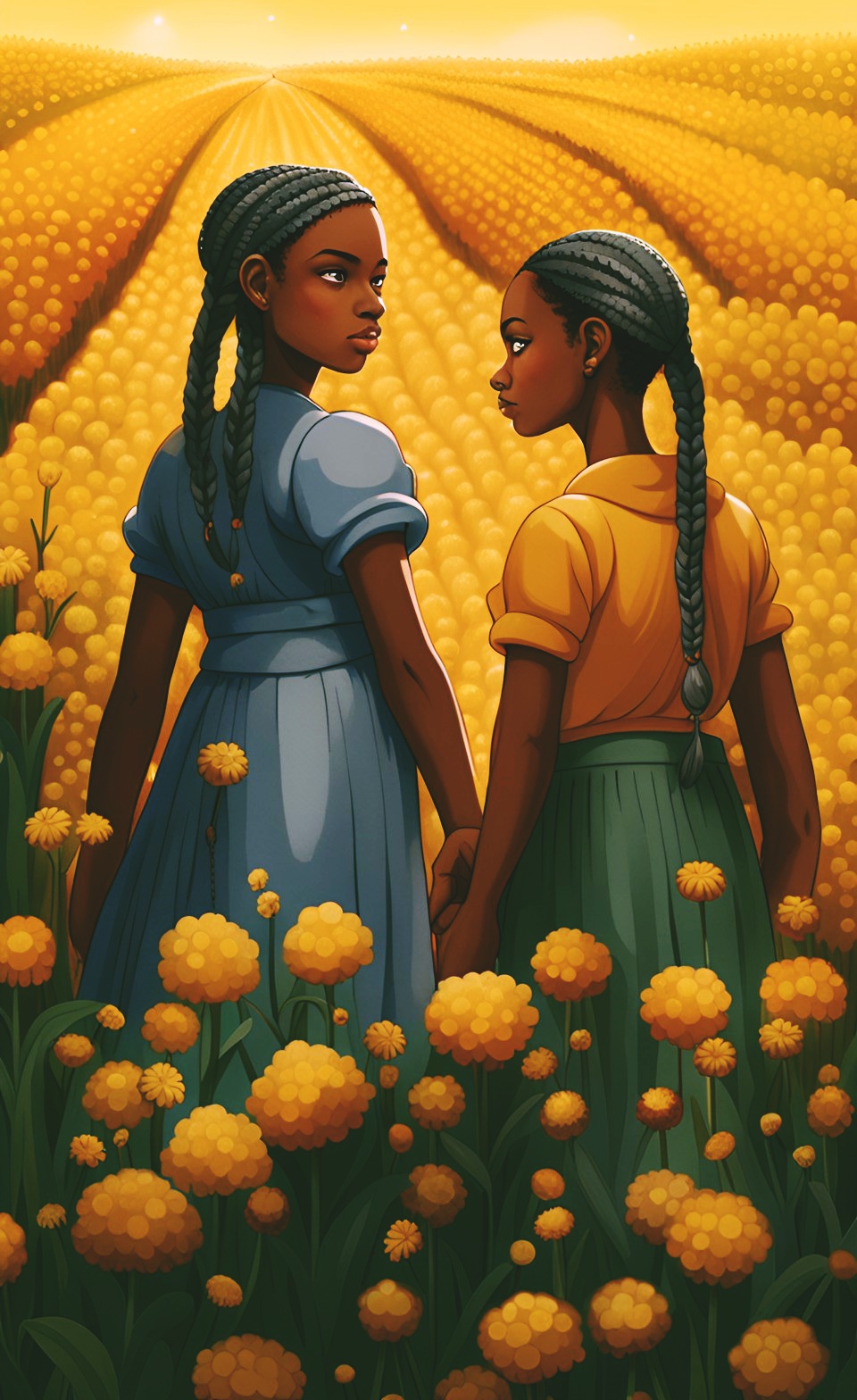 Jamaican little girls in flower field wearing dresses Jamaic96