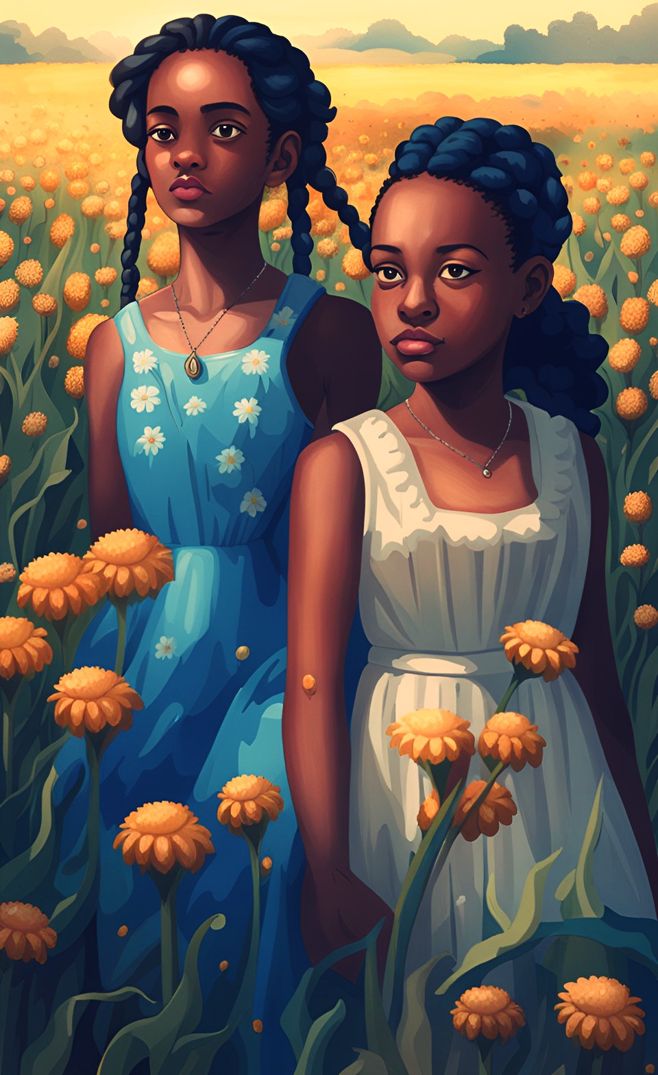 Jamaican little girls in flower field wearing dresses Jamaic98