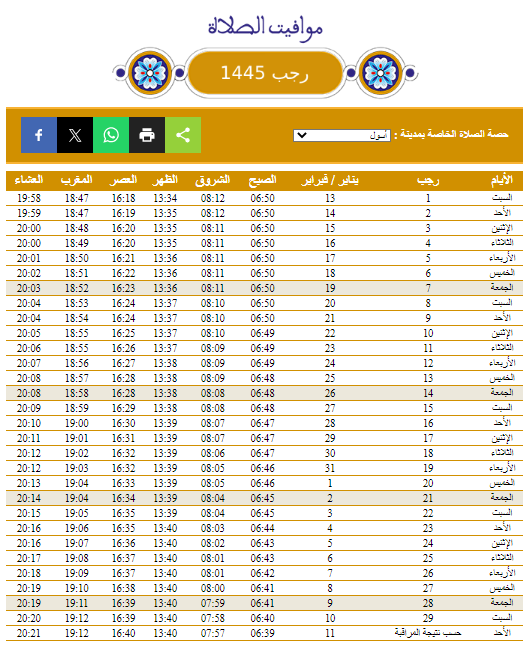  مواقيت الصلاة شهر رجب 1445هـ ب أسول   Rajab10