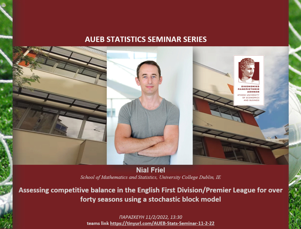 AUEB Stats Seminars 11/2/2022: "Assessing competitive balance in the English First Division/Premier League for over forty seasons using a stochastic block model" by Nial Friel (University College Dublin) 2022-010