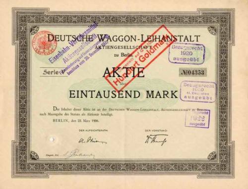 Deutsche Waggon Leihanstalt Aktie 1906 Berlin Eisenbahn EVA Deutsc10