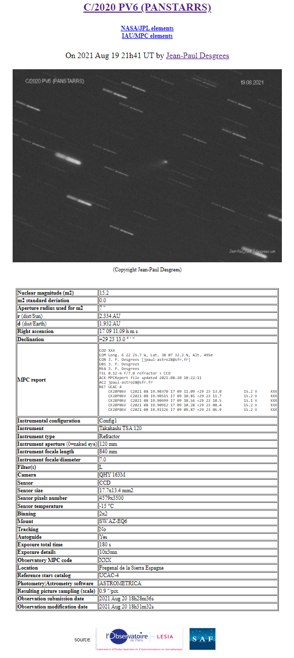 Comète C/2020 PV6 (PANSTARRS) Mpc_c214