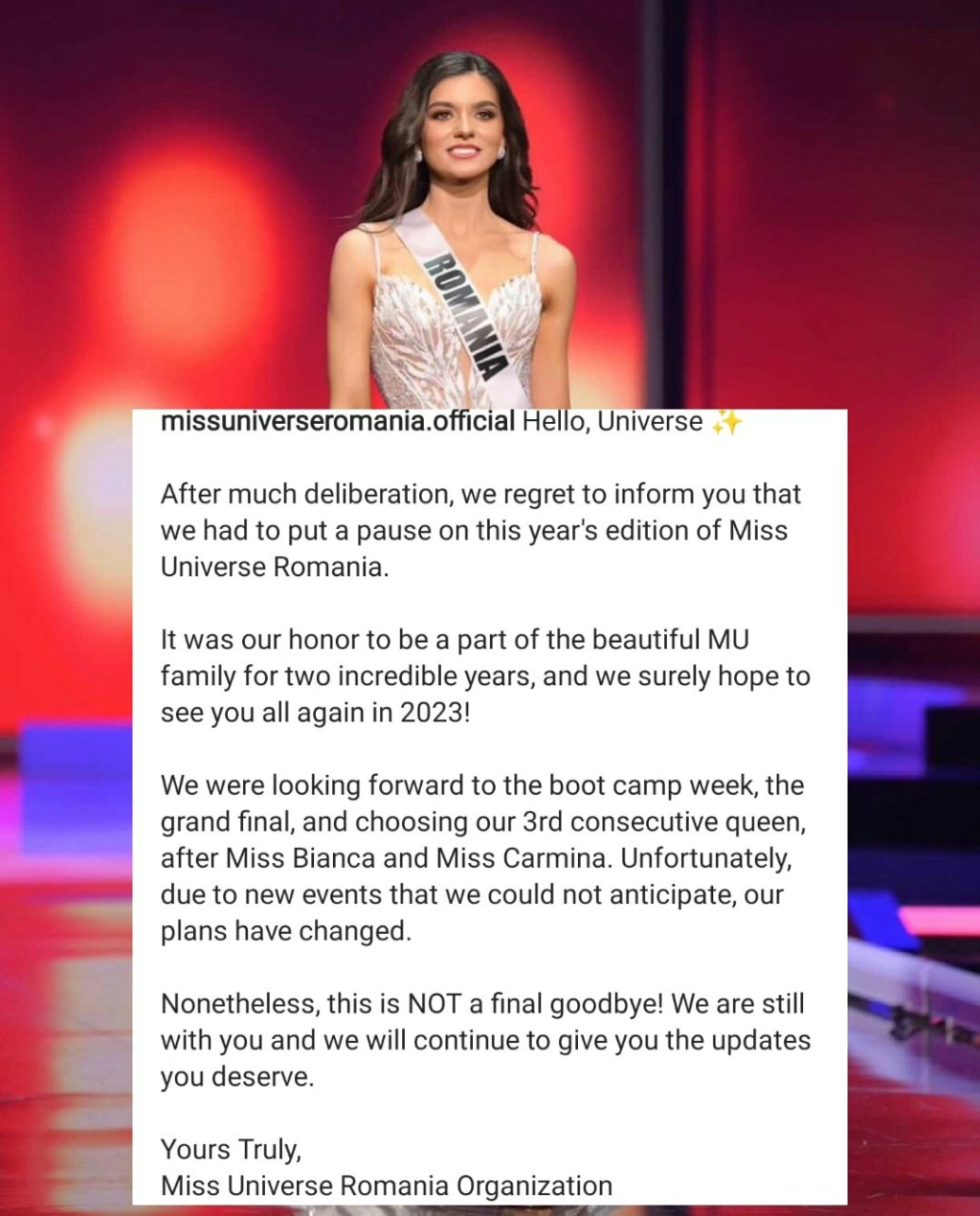 Romania won't send delegate to Miss Universe pageant this year. 28435610