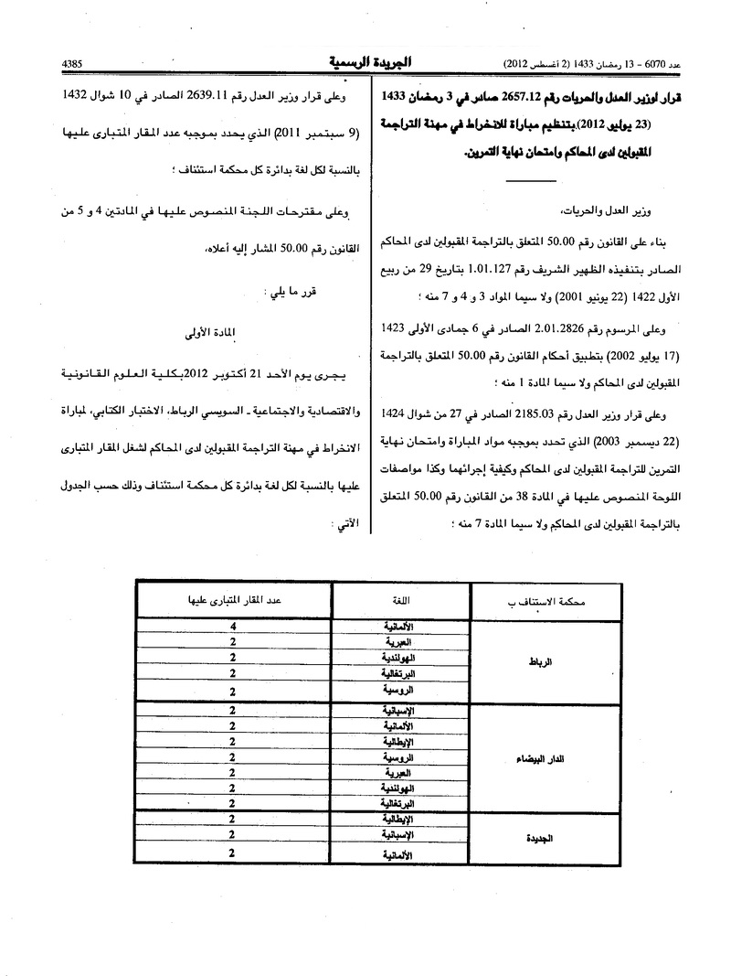 قرار لوزير العدل و الحريات بتنظيم مباراة للانخراط في مهنة التراجمة المقبولين لدى المحاكم وإمتحان نهاية التمرين آخر أجل هو 14 شتنبر 2012 T110