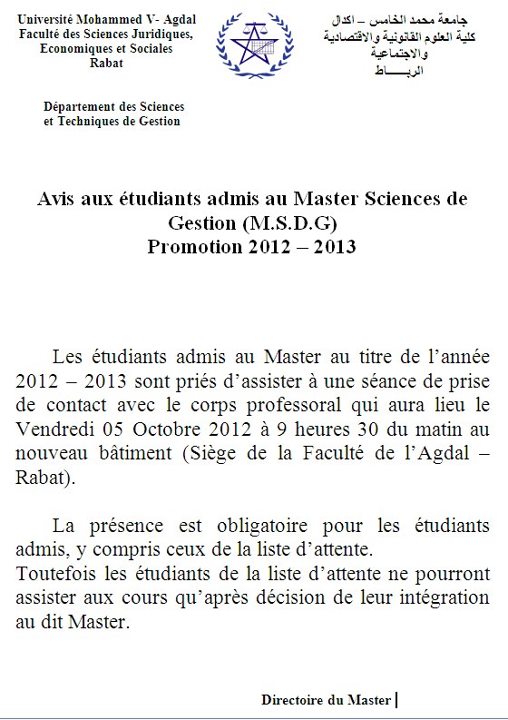 Avis aux tudiants admis au Master Sciences de Gestion Facebo10