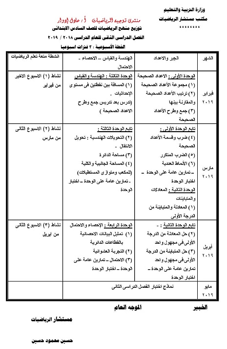 توزيع منهج الرياضيات للمرحلة الابتدائية PDF للعام ٢٠١٨ /٢٠١٩ Page_026