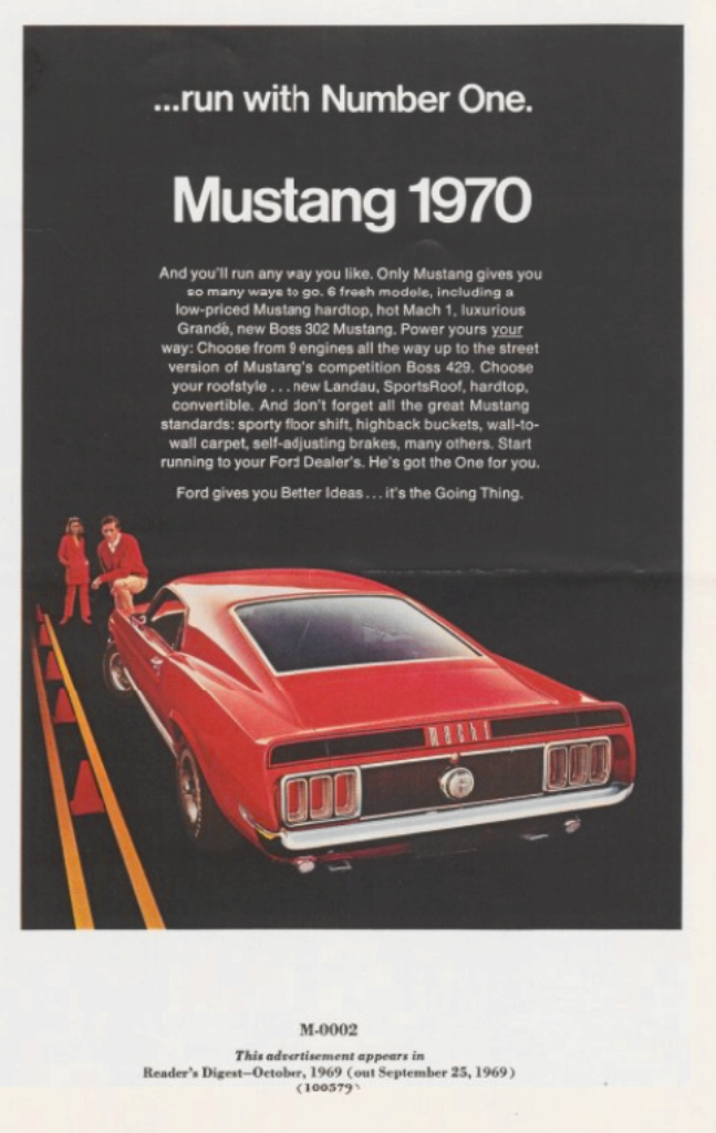 Publicité de la Mustang 1970 en anglais 197010