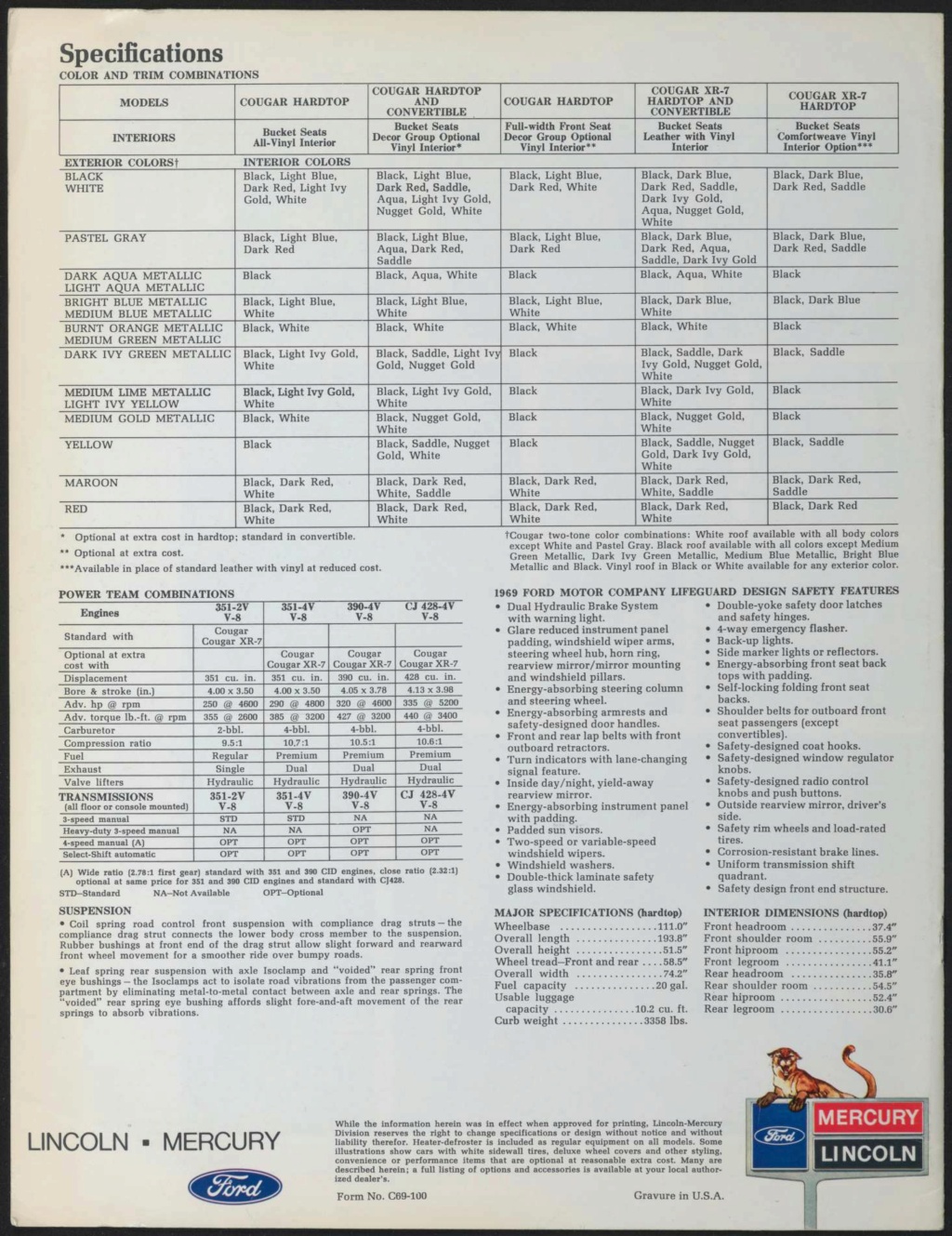  Brochure de vente Mercury Cougar 1969 en Anglais Broch149