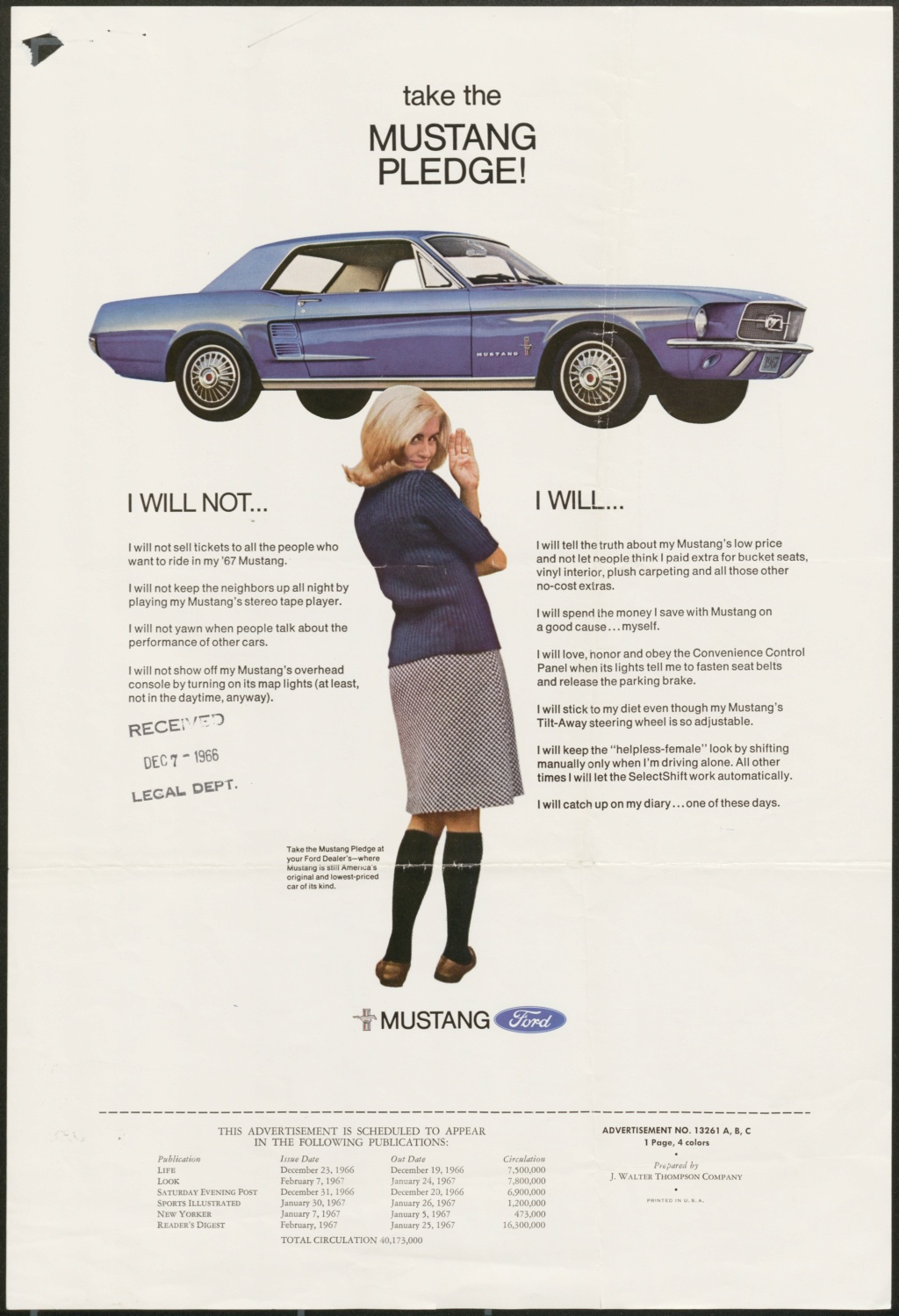 Publicité Mustang 1967 , collection J. Walter Thompson pour la Ford Motor Company.  Jwtad319