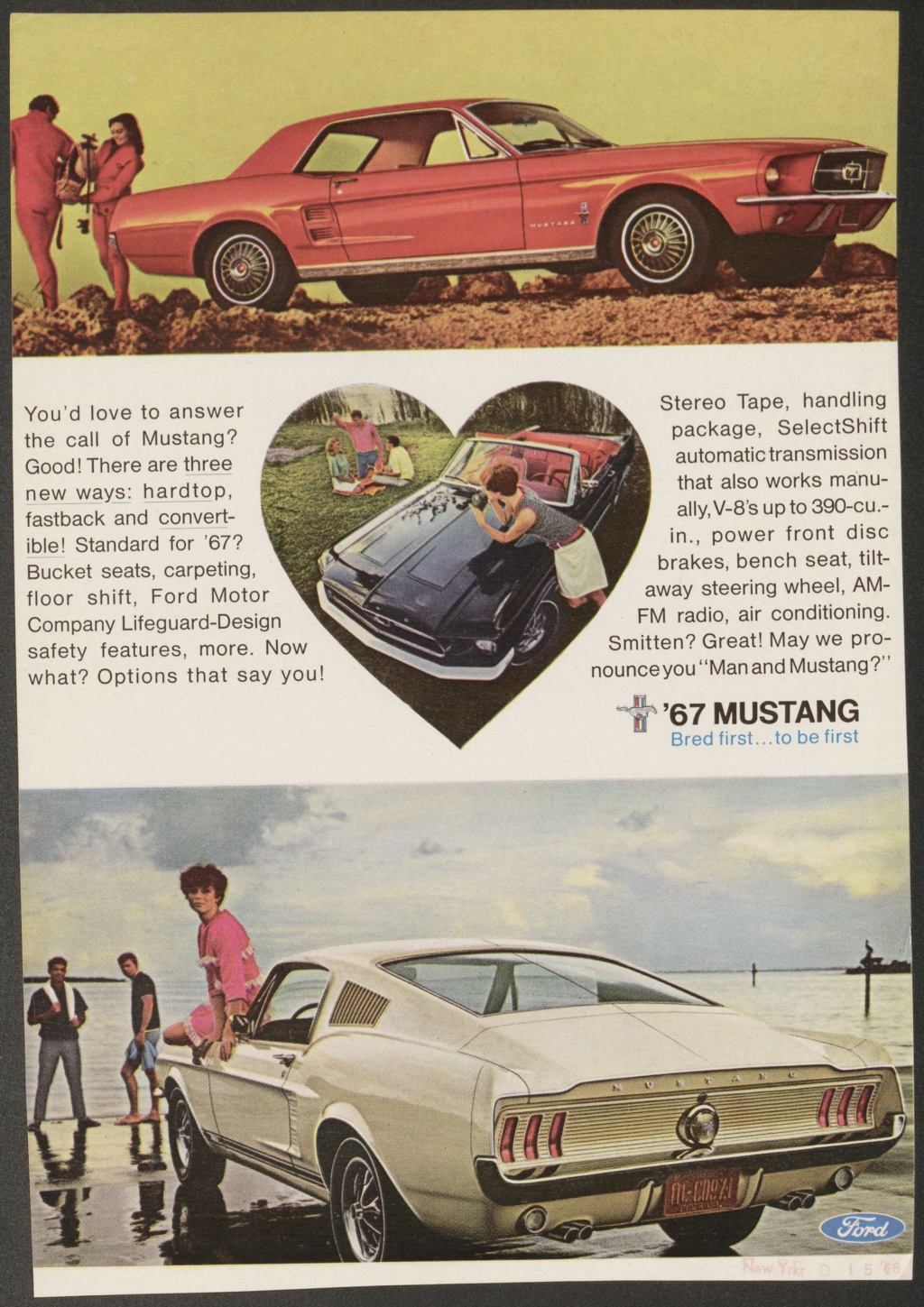 Publicité Mustang 1967 , collection J. Walter Thompson pour la Ford Motor Company.  Jwtad325
