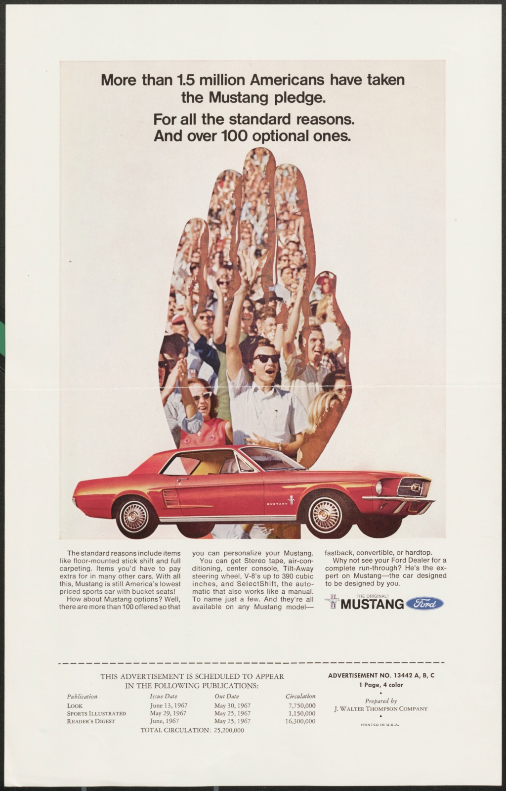 Publicité Mustang 1967 , collection J. Walter Thompson pour la Ford Motor Company.  Jwtad329