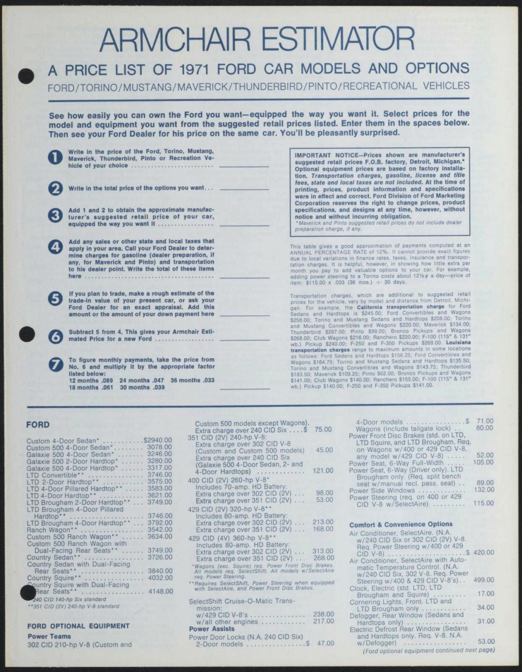 1971 Ford armchair estimator, price list (en anglais) Nouv1264