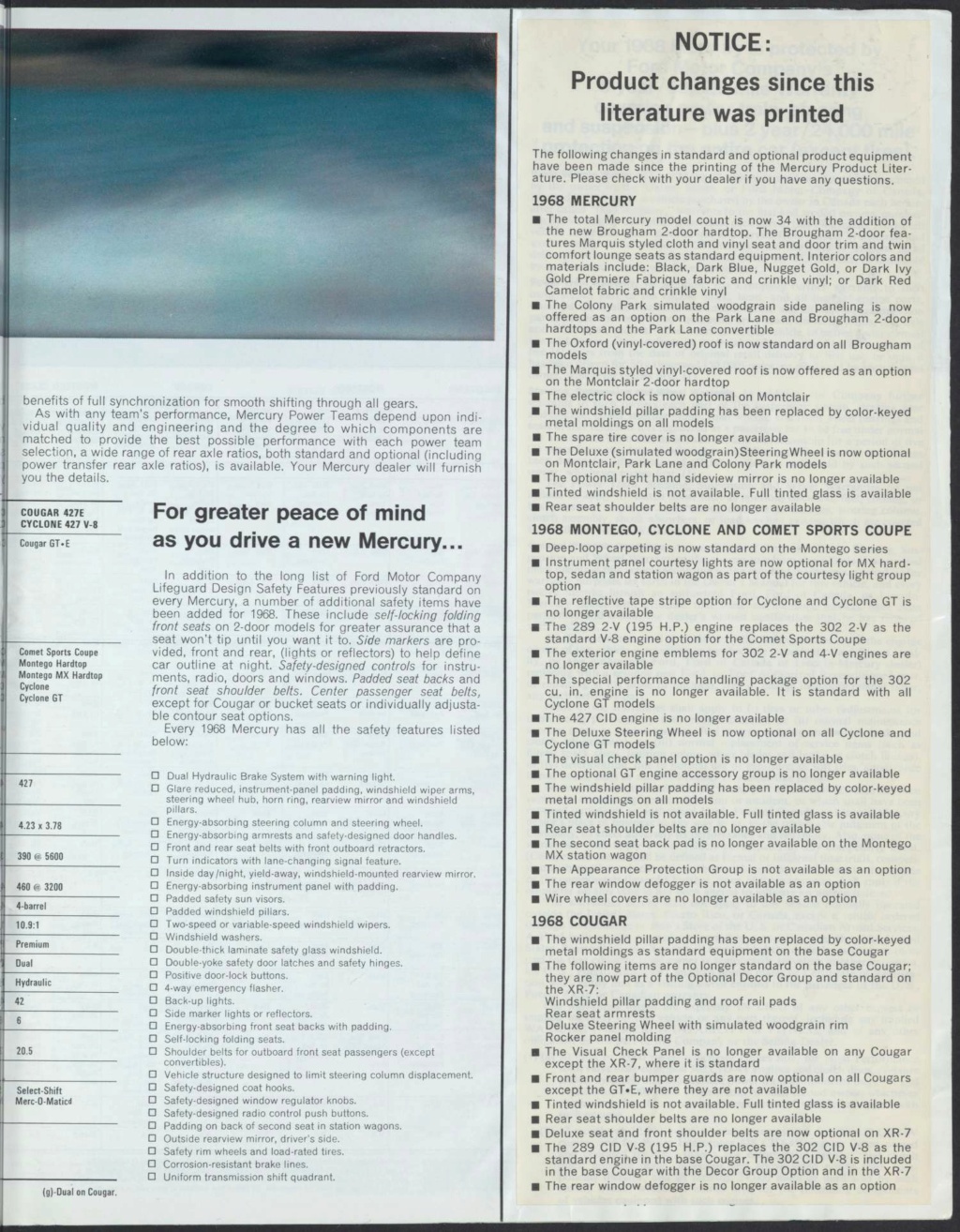 Brochure des produits Mercury 1968 en anglais, version américaine #M100 Nouve475